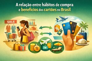 Ilustração que representa a relação entre hábitos de compra e benefícios dos cartões no Brasil, mostrando uma mulher fazendo compras com sacolas em uma loja, promoções e presentes ao redor, setas de troca de benefícios, e uma mão segurando vários cartões de crédito ao lado de ícones de viagens, descontos, pontos, lazer, hospedagem e recompensas financeiras.