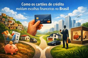 Ilustração que mostra como os cartões de crédito moldam escolhas financeiras no Brasil, com uma mão segurando um cartão de crédito ao centro, caminhos que se bifurcam simbolizando decisões financeiras, um cofrinho com compras essenciais, contas domésticas e mercado de um lado, e do outro um homem de terno fazendo compras de luxo, carros, casas e viagens, com paisagem urbana e residencial ao fundo.