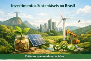 Ilustração conceitual sobre investimentos sustentáveis no Brasil, mostrando uma paisagem verde com floresta, rio e área agrícola. À esquerda, um pote de vidro cheio de moedas com uma muda de planta simboliza crescimento financeiro sustentável. Ao centro, um painel solar e uma cidade moderna ao fundo indicam energia limpa e desenvolvimento urbano. À direita, um aerogerador e uma bomba de extração de petróleo representam a transição energética. Ícones de reciclagem, sustentabilidade e responsabilidade ambiental aparecem em primeiro plano, com o Cristo Redentor ao fundo reforçando o contexto brasileiro.