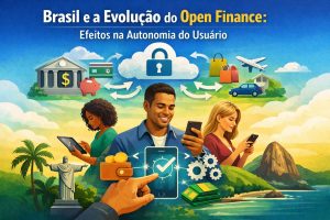 Ilustração sobre a evolução do Open Finance no Brasil, destacando os efeitos na autonomia do usuário. No centro, três pessoas utilizando smartphones representam consumidores controlando seus dados financeiros. Ícones ao redor mostram banco, cartão, poupança, compras, viagem, carro e serviços, todos conectados por setas a uma nuvem com cadeado, simbolizando compartilhamento seguro de dados. Em primeiro plano, uma mão interage com um aplicativo financeiro em um celular, indicando consentimento e controle. Ao fundo, paisagens brasileiras como o Cristo Redentor, praias e montanhas reforçam o contexto nacional e a integração entre tecnologia, finanças e cotidiano.