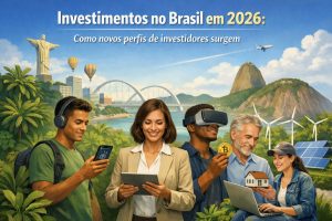 Ilustração representando investimentos no Brasil em 2026, com diferentes perfis de investidores utilizando tecnologias digitais. Em primeiro plano, cinco pessoas ilustrativas analisam investimentos por meio de smartphone, tablet, laptop, realidade virtual e criptomoedas, simbolizando a diversidade geracional e tecnológica. Ao fundo, paisagem icônica do Rio de Janeiro com o Cristo Redentor, a Ponte JK, montanhas, balões no céu e um avião, além de elementos de energia renovável como painéis solares e turbinas eólicas. A cena representa a evolução do mercado financeiro brasileiro, inovação, sustentabilidade e novos perfis de investidores. Não há pessoas reais identificáveis; todos os personagens são ilustrativos.