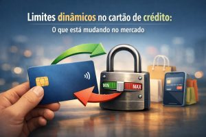 Ilustração conceitual sobre limites dinâmicos no cartão de crédito. Uma mão segura um cartão de crédito azul enquanto setas indicam aumento e redução de limite, conectando o cartão a um cadeado metálico com marcador ajustável entre “mínimo” e “máximo”. Ao fundo, aparecem sacolas de compras e um smartphone, simbolizando consumo, controle financeiro e as mudanças no mercado de crédito.