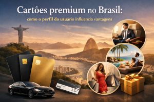 Imagem ilustrativa sobre cartões premium no Brasil, com vista panorâmica do Rio de Janeiro ao pôr do sol, incluindo o Cristo Redentor e o Pão de Açúcar. Em primeiro plano, aparecem cartões de crédito premium nas cores preta e dourada, um carro de luxo e um cartão de embarque. À direita, círculos mostram cenas associadas a benefícios exclusivos: um homem bem-vestido sentado em uma poltrona de classe executiva brindando com uma taça, um casal relaxando em uma piscina de resort à beira-mar e uma mulher elegante segurando sacolas de compras. A composição simboliza status, experiências diferenciadas e vantagens associadas ao perfil do usuário de cartões premium.