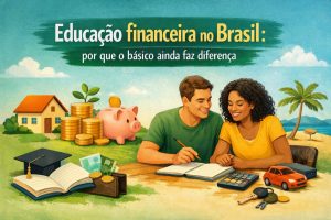 Ilustração colorida com o título “Educação financeira no Brasil: por que o básico ainda faz diferença” em destaque na parte superior, sobre um fundo verde com textura artística. No centro da imagem, um casal jovem está sentado à mesa estudando finanças. O homem usa camiseta verde e segura um lápis enquanto aponta para um caderno aberto. A mulher, com cabelo cacheado e camiseta amarela, sorri enquanto acompanha as anotações. Ambos demonstram concentração e colaboração. Sobre a mesa há uma calculadora, um caderno aberto, uma carteira com cédulas e moedas, além de um pequeno carro vermelho em miniatura e um molho de chaves, simbolizando metas financeiras como compra de veículo e organização do orçamento. À esquerda da cena há uma casa ilustrada, pilhas de moedas douradas e um cofrinho rosa, representando poupança e planejamento financeiro. Também aparece um livro aberto com um capelo de formatura ao lado, simbolizando educação. Ao fundo, a paisagem remete ao Brasil, com praia, mar azul, coqueiros e céu claro, reforçando o contexto nacional da temática. A composição visual destaca conceitos de educação financeira básica, planejamento familiar, metas de consumo e importância da organização financeira no cotidiano brasileiro.