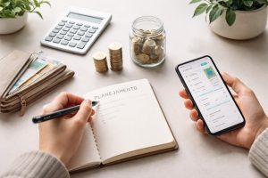 Imagem de uma mesa organizada com foco em planejamento financeiro. Uma pessoa segura um celular exibindo um aplicativo de controle financeiro enquanto escreve em um caderno com o título “Planejamento”. Sobre a mesa há uma carteira com cédulas, uma calculadora, pilhas de moedas organizadas, um pote de vidro com moedas, além de duas plantas decorativas ao fundo. A cena transmite organização, controle de gastos e adaptação financeira em contextos econômicos instáveis.