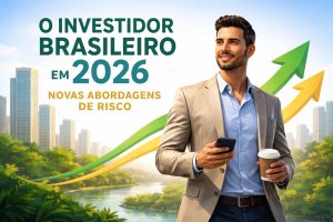 Ilustração promocional sobre investimentos no Brasil em 2026. À direita da imagem aparece um homem jovem adulto com aparência profissional, cabelo castanho escuro curto e barba bem aparada, vestindo blazer bege sobre camisa azul clara. Ele segura um smartphone em uma mão e um copo de café descartável na outra, olhando confiante para o horizonte. Ao fundo há uma paisagem urbana moderna com prédios altos e uma área verde com rio ou lago, sugerindo um ambiente urbano sustentável. Duas grandes setas ascendentes — uma verde e outra amarela — atravessam a imagem apontando para cima, simbolizando crescimento financeiro e valorização de investimentos. À esquerda está o texto em destaque: “O INVESTIDOR BRASILEIRO EM 2026” e abaixo “NOVAS ABORDAGENS DE RISCO”, em tipografia grande e cores verde e dourado. A imagem transmite uma mensagem de otimismo, estratégia financeira e modernização do perfil do investidor brasileiro.
