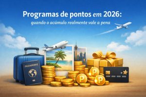 Programas de pontos em 2026 com milhas aéreas, passaporte, mala de viagem, moedas de recompensa e cartão de crédito representando acúmulo de pontos, viagens e benefícios financeiros