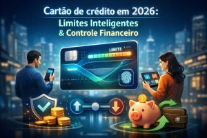 cartão de crédito em 2026 com limites inteligentes e controle financeiro mostrando tecnologia digital, aplicativo no celular, economia, poupança e gestão financeira moderna